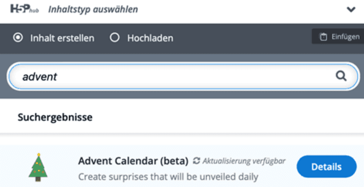 H5P Inhaltstyp-Suche mit Suchergebnis 'Advent Calendar'.