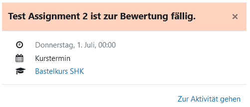 Screenshot der Terminansicht einer Test-Aktivität zur Bewertung. Mit Titel, Termin, Art und Kurs.