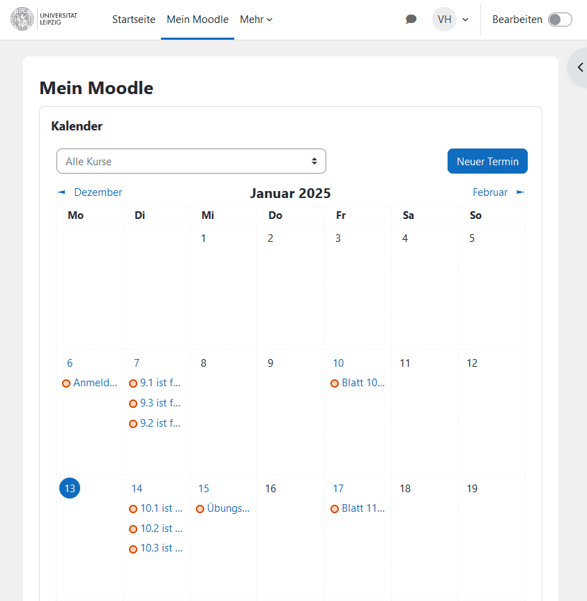 Screenshot der Seite "Mein Moodle" mit einem grafischen Kalender im Zentrum der Ansicht.