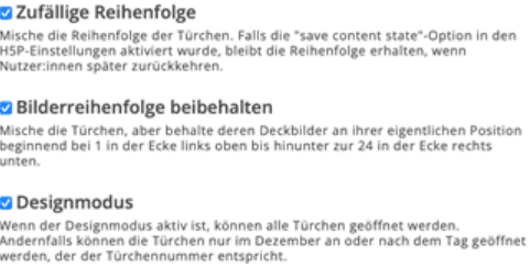 Weitere Verhaltenseinstellungen zur Zufälligen Reihenfolge, Bilderreihenfolge beibehalten und Designmodus.