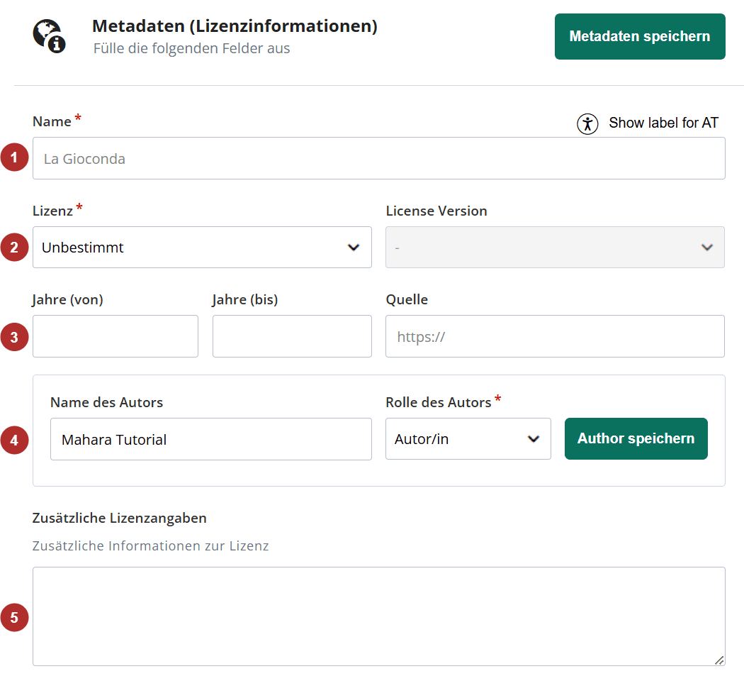 Einstellungsmöglichkeiten für Metadaten mit Nummerierungen an den jeweiligen Optionen von oben nach unten.