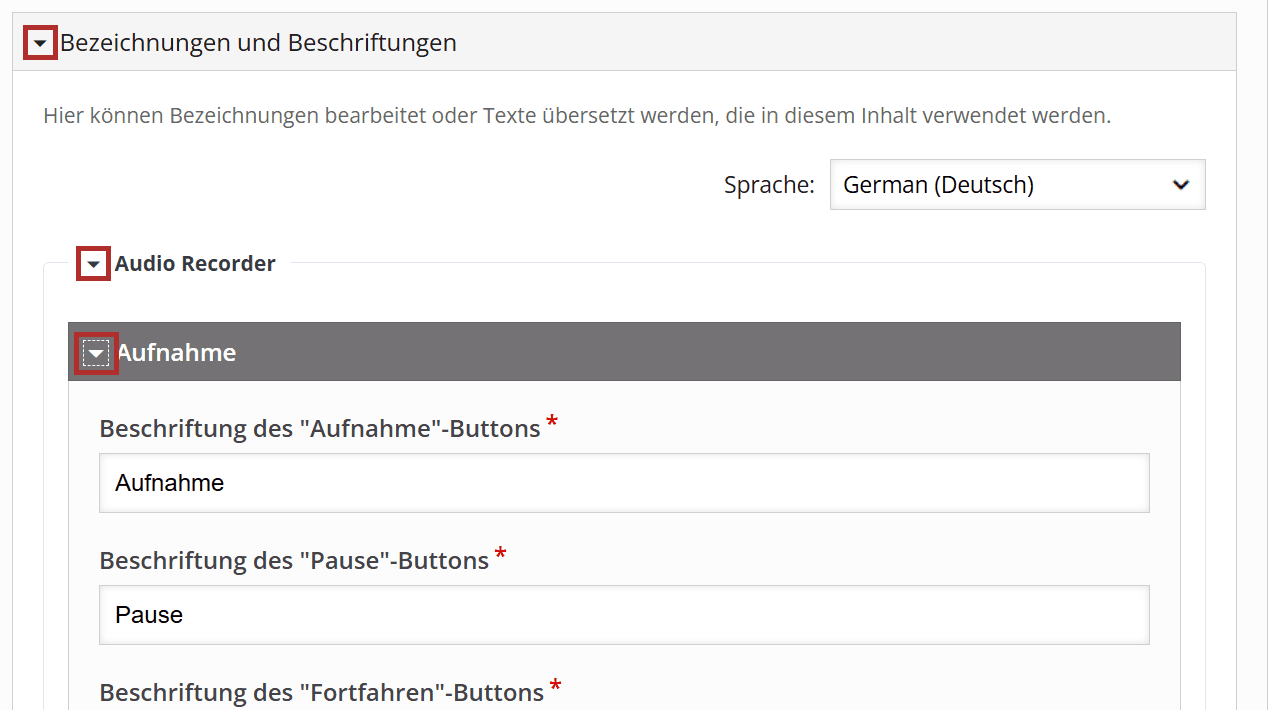 Aufgeklappte Reiter 'Bezeichnungen und Beschriftungen', 'Audio Recorder' und 'Aufnahme'.