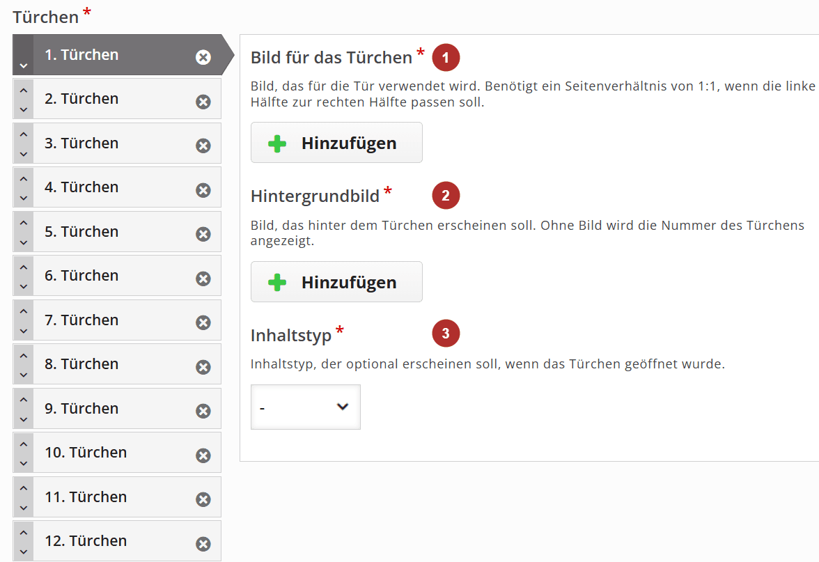 Konfiguration der einzelnen Türchen mit roter Durchnummerierung der Optionen von oben nach unten.