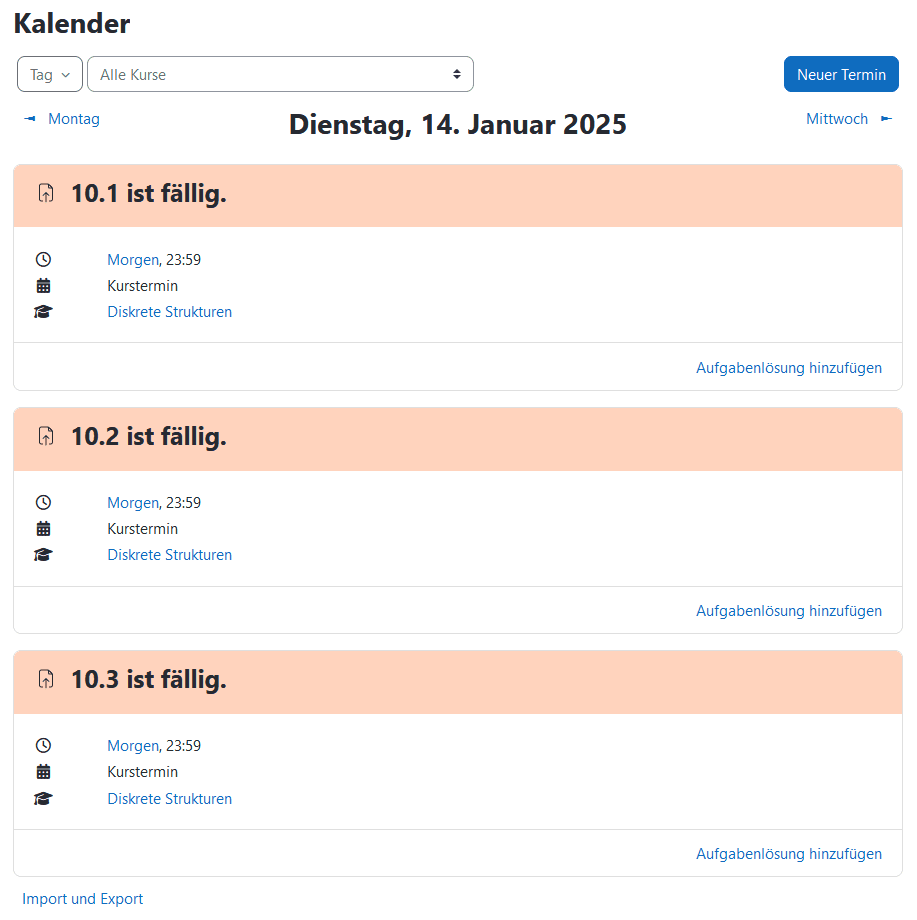 Screenshot des Kalenders in der Tagesansicht. Nur ein Tag ist ausgewählt und die Termine des Tages werden groß mit Titel, Uhrzeit, Art und Kurs angezeigt.