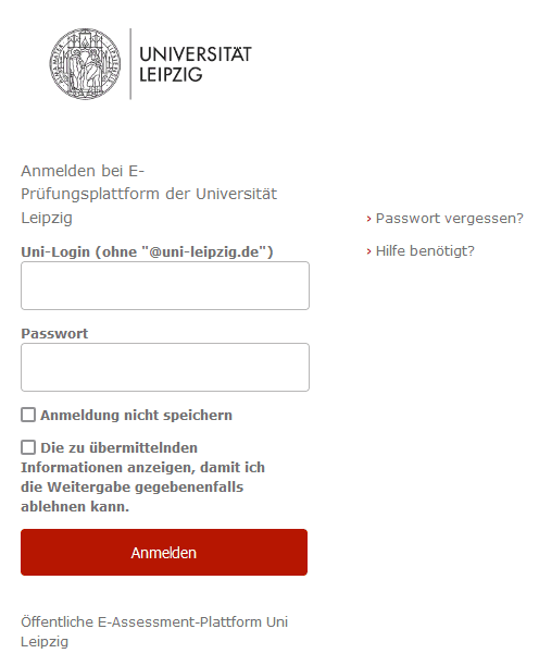 Screenshot der Eingabemaske des Logins mit 2 Textfeldern "Uni-Login (ohne "@uni-leipzig.de")" und "Passwort" sowie Checkboxen "Anmeldung nicht speichern" und "Die zu übermittelnden Informationen anzeigen, damit ich die Weitergabe gegebenenfalls ablehnen kann" und dem Button "Anmelden".