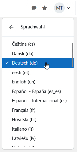 Durch Klick auf Sprachen weicht des Nutzermenü einem Menü mit Buttons für alle in Moodle verfügbaren Sprachen.