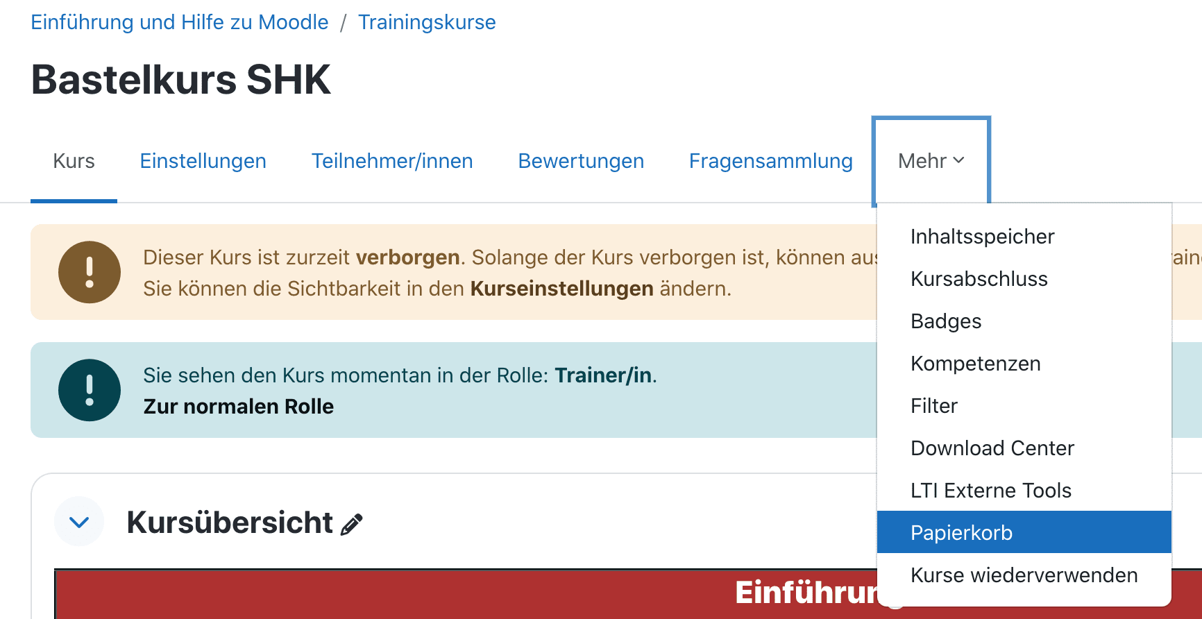 Unter dem Navigationspunkt Mehr ist der Menüunterpunkt Papierkorb ausgewählt