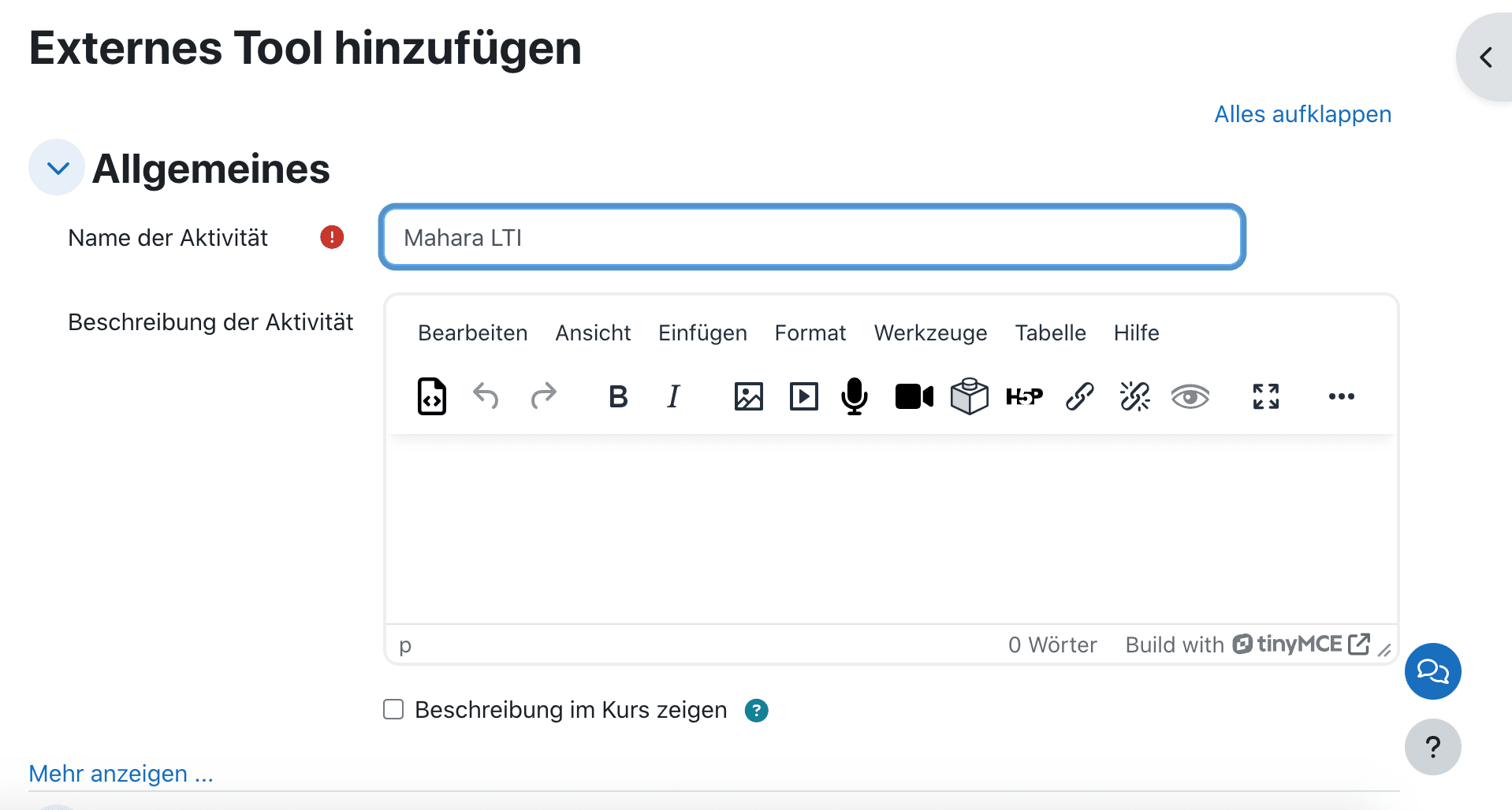 Screenshot der Einstellungsseite "Externes Tool" anlegen.