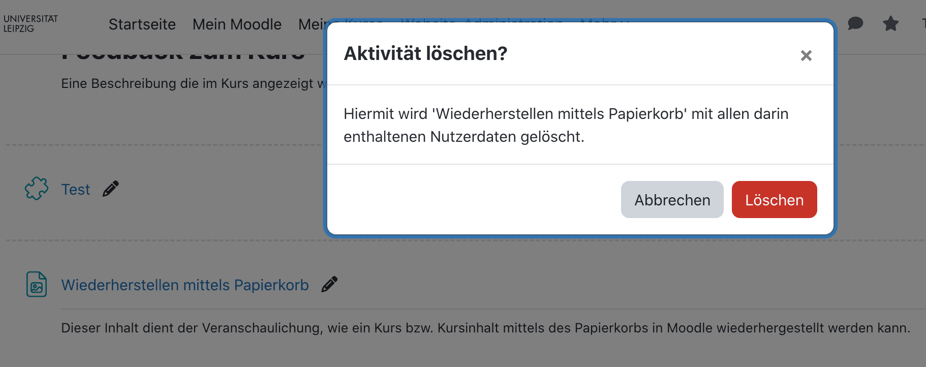 Pop-up Fenster mit der Rückfrage, ob die Aktivität tatsächlich gelöscht werden soll