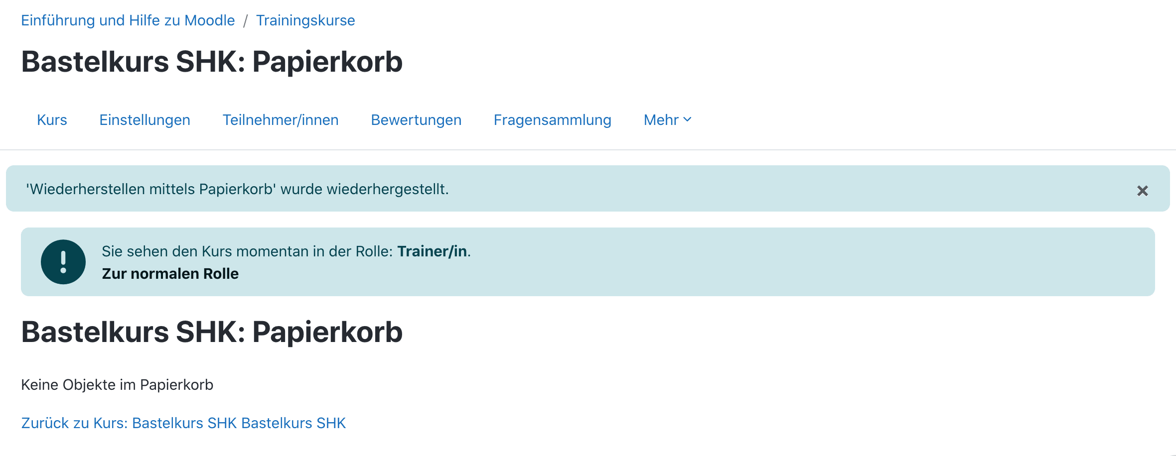 Benachrichtigung über die erfolgreiche Wiederherstellung der ausgewählten Aktivität