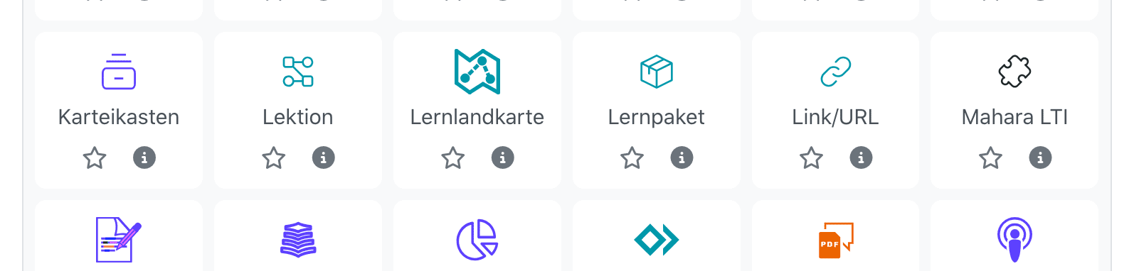 Screenshot des Moodle-Fensters "Aktivität oder Material anlegen" mit Buttons für die einzelnen Aktivitäten.