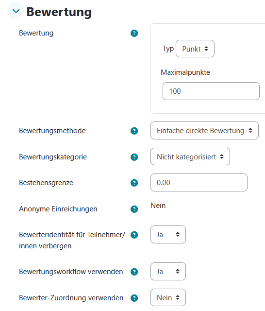 Abschnitt "Bewertung" auf der Einstellungsseite einer Aufgabe-Aktivität. Unter "Bewertungsworkflow verwenden" ist "Ja" gewählt.