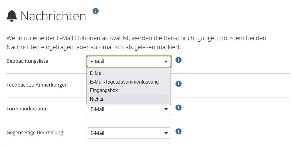 Screenshot der Mahara-Seite "Nachrichten" mit Dropdown-Menüs zu einzelnen Typen von Neuigkeiten wie "Beobachtungsliste", "Feedback zu Anmerkungen", "Forenmoderation" und "Gegenseitige Beurteilung". Im Dropdown-Menü sind jeweils "E-Mail", "E-Mail-Tageszusammenfassung", "Eingangsbox" und "Nichts" auswählbar.
