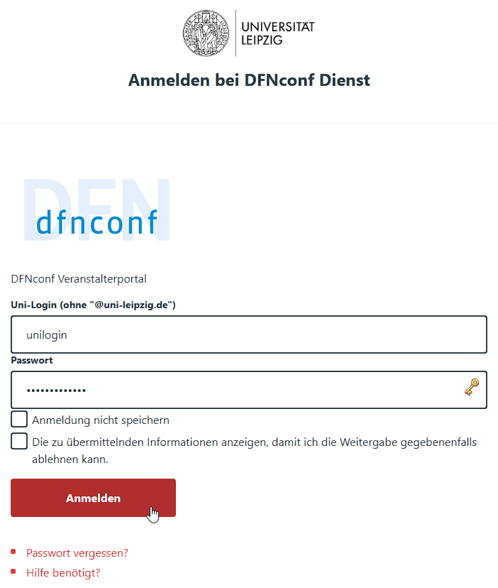 Login-Seite der Universität Leipzig mit dem Logo des DFN-Conf-Dienstes. Darunter Eingabefelder für Uni-Login und Passwort.