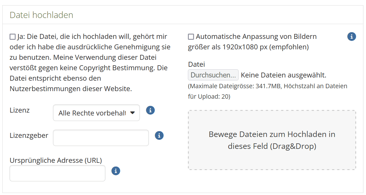 Screenshot des Abschnittes "Datei hochladen" auf der Mahara-Seite Datei. Mit einem Dropdown-Menü "Lizenz", einem Eingabefeld "Lizenzgeber", eines drag and drop Feld zur Dateiablage und einem Button "Durchsuchen..."