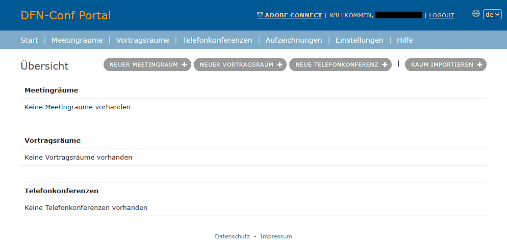 Startseite des DFN-Conf-Portals mit Übersicht der Meeting- und Vortragsräume sowie Aufzeichnungen, Einstellungen und Hilfe.