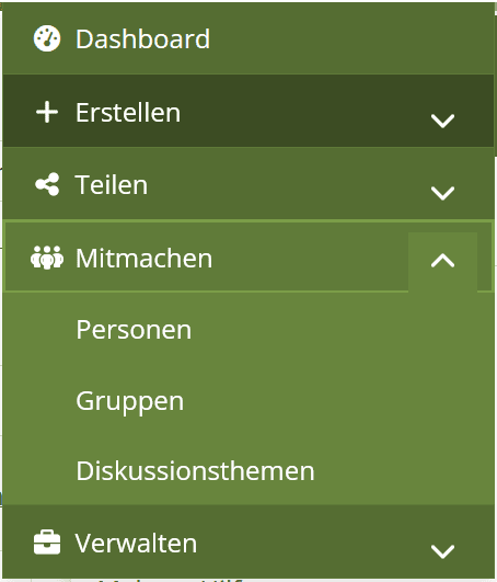 Screenshot des Hauptmenüs mit dem Aufgeklappten Dropdown-Menü "Mitmachen". Darunter die Buttons "Personen", "Gruppen" und "Diskussionsthemen"