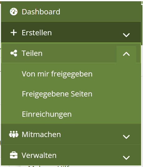 Screenshot des Hauptmenüs mit dem aufgeklappten Abschnitt "Teilen". Darunter die Buttons "Von mir freigegeben", "Freigegebene Seiten" und "Einreichungen".