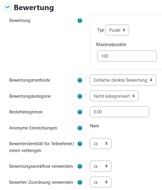 Abschnitt "Bewertung" auf der Einstellungsseite einer Aufgabe-Aktivität. Unter "Bewertungsworkflow verwenden" ist "Ja" gewählt. Danach ist unter "Bewerter-Zuorndung verwenden" zusätzlich "Ja" gewählt.