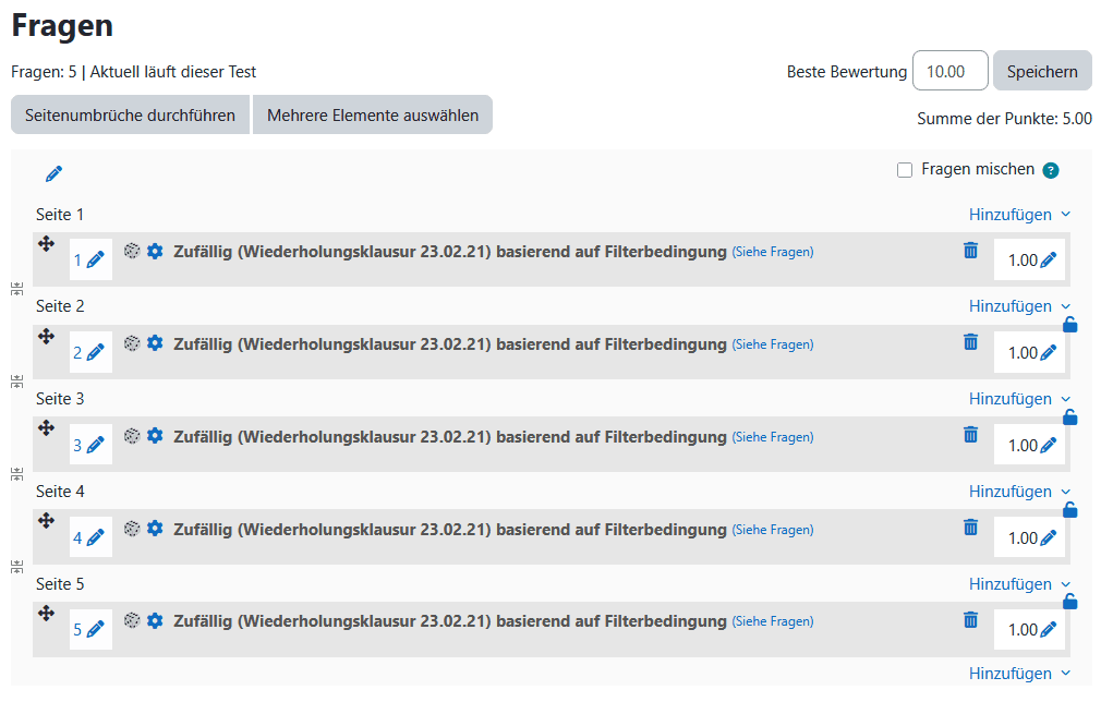Screenshot eines Test in der Ansicht "Fragen". In der Tabelle sind nun 5 Fragen aufgelistet. Bei den hinzugefügten Zufallsfragen ist der Name jeweils als "Zufällig (Wiederholungsklausur) basierend auf Filterbedingungen" angegeben. Nach der benennung kann über den Button "Siehe Fragen" die Liste der möglichen Fragen eingesehen werden.