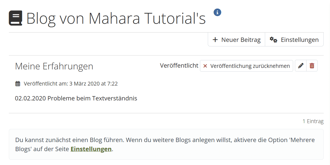 Screenshot der Seite "Blogs" mit Buttons zum Verfassen von Blogeinträgen und zum ändern der Einstellungen. Unterhalb werden bestehende Blogeingträge aufgelistet und können bearbeitet werden.