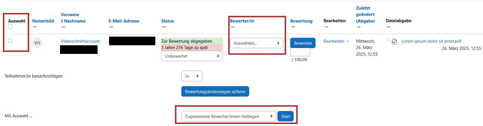 Screenshot der Seite "Einreichungen" mit einer Tabellarischen Liste der Eingereichten Abgaben. Die Spalte "Auswahl" mit einer Checkbox in jeder Zeile, Die Spalte "Bewerter/in" mit einem Dropdown-Menü zur Auswahl einer Bewertenden Person und das unter der Tabelle befindliche Dropdown-Menü "Mit Auswahl ..." sind hervorgehoben.