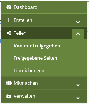 Screenshot des Mahara-Hauptmenüs mit ausgeklapptem Abschnitt "Teilen". Darunter die Buttons "Von mir freigegeben", "Freigegebene Seiten" und "Einreichungen".