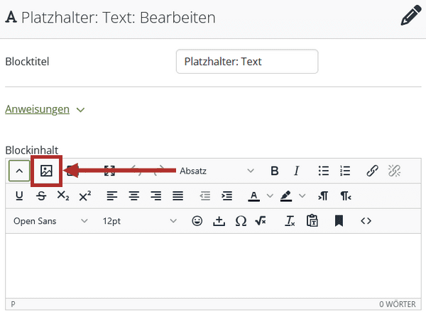 Screenshot des Mahara-Fensters, bei Erstellen eines neuen Textblocks. Untereinander finden sich das Textfeld "Blocktitel", ein Textfeld mit Texteditor-Funktionen "Blockinhalt", ein Textfeld "Tags" und das Dropdownmenü "Einklappen", dass Standardmäßig auf "Nein" steht, sowie die Buttons "Speichern" und "Entfernen". Im Texteditor ist der zweite Button in der oberen Leiste von Links "Bild einfügen/bearbeiten" hervorgehoben.