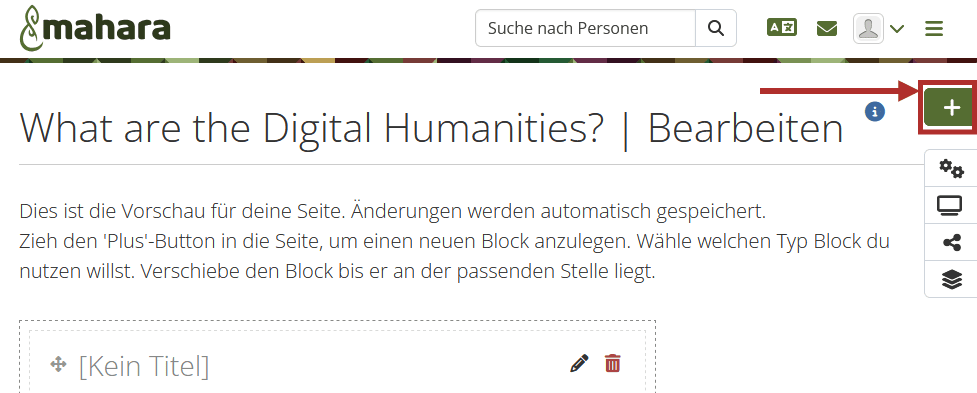 Screenshot eines geöffneten Portfolios in Mahara. Bei Ansicht im Bearbeitungsmodus einer Seite erscheinen am Rechtne Rand des Browsers die Buttons "Drag or klick to add a new block", "Configure", "Seite anzeigen", "Teilen" und "Zurück zu Portfolios.