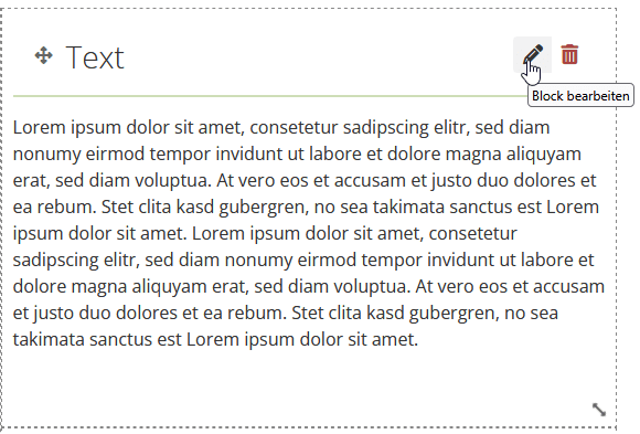 Screenshot eines Textblockes auf einer Mahara-Seite im Bearbeitungsmodus. Im oberen rechten Bereich des Block befinden sich die Buttons "Block bearbeiten" und "Block entfernen".