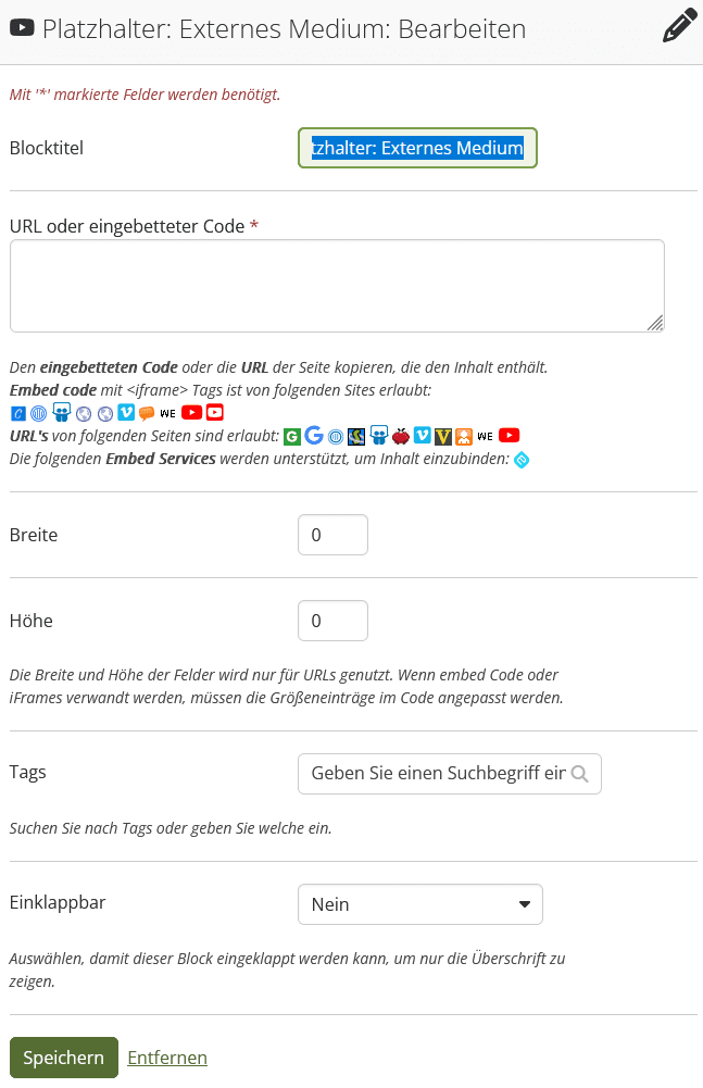 Screenshot des Mahara-Fensters, bei Erstellen eines neuen Bildblocks. Untereinander finden sich das Textfeld "Blocktitel", ein Eingabefeld "URL oder eingebetteter Link", die Eingabefelder "Breite" und "Höhe", ein Eingabefeld "Tags", das Dropdownmenü "Einklappen", dass Standardmäßig auf "Nein" steht, sowie die Buttons "Speichern" und "Entfernen".