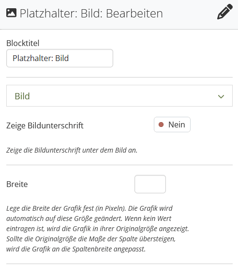 Screenshot des Mahara-Fensters, bei Erstellen eines neuen Bildblocks. Untereinander finden sich das Textfeld "Blocktitel", ein geschlossenes Dropdownfeld "Bild", ein Button "Zeige Bildunterschrift" und das Dropdownmenü "Einklappen", dass Standardmäßig auf "Nein" steht, sowie die Buttons "Speichern" und "Entfernen".