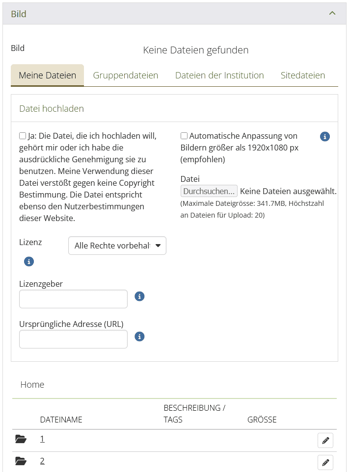Screenshot des Aufgeklappten Bereiches "Bild". Oben eine Taskleiste mit den Auswahlen "Meine Dateien", "Gruppendateien", "Dateien der Institution" und "Sitedateien". Darunter im linken Bereich die Checkbox "Ja: Die Datei, die ich hochladen will, gehört mir ...". Darunter eine Checkbox "Lizenz" und Eingabefelder "Lizenzgeber", "Ursprüngliche Adresse". Im Rechten Bereich eine Checkbox "Automatische Anpassung ..." und der Button "Durchsuchen...". Unter den Feldern eine Tabelle mit bereits hochgeladenen Dateien.
