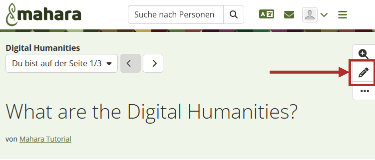 Screenshot eines geöffneten Portfolios in Mahara. Bei Ansicht einer Seite erscheinen am Rechtne Rand des Browsers die Buttons "(Details)", "Seite bearbeiten" und "Weitere Optionen".