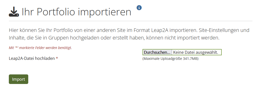 Screenshot der Seite "Import" in Mahara. Neben einem Hinweistext existieren die Buttons "Durchsuchen ..." und "Import" im Hauptfeld der Seite.