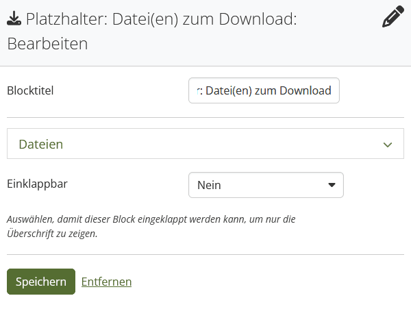 Screenshot des Mahara-Fensters, bei Erstellen eines neuen Bildblocks. Untereinander finden sich das Textfeld "Blocktitel", ein geschlossenes Dropdownfeld "Bild", das Dropdownmenü "Einklappen", dass Standardmäßig auf "Nein" steht, sowie die Buttons "Speichern" und "Entfernen".
