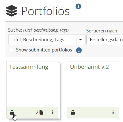 Screenshot der Mahara-Portfolio-Übersicht. Unter jedem Portfolio-Bild und Titel befindet sich der Button "Teilen" (Schloss-Symbol)