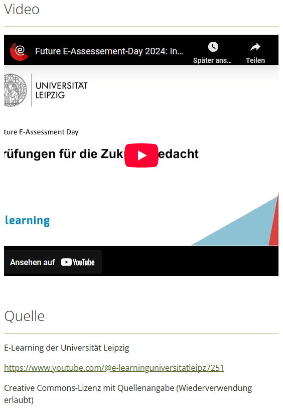 Screenshot eines Mahara-Portfolios mit einem eingebetteten Youtube-Video, dass direkt auf der Seite eingesehen werden kann. Darunter ein Textblock mit den Quellenangaben.