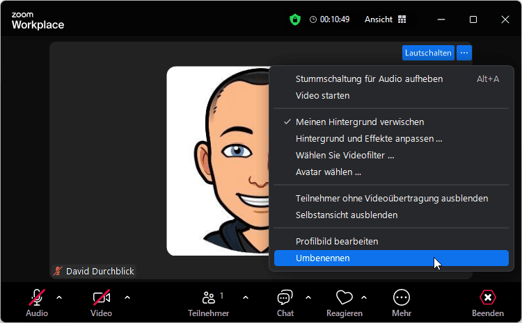 Menü, in dem an letzter Stelle "Umbenennen" steht. Auf diesen Punkt zeigt der Mauszeiger.