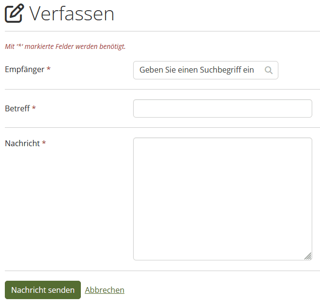 Sceenshot der Mahara-Seite "Verfassen" Untereinander die Textfelden "Empfänger", "Betreff" und "Nachricht". Darunter der Button "Nachricht senden".