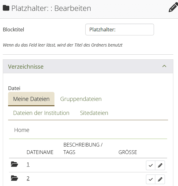 Screenshot des Mahara-Fensters, bei Erstellen eines neuen Bildblocks. Untereinander finden sich das Textfeld "Blocktitel", ein geöffnetes Dropdownfeld "Verzeichnisse" darunter wurde "Meine Dateien" ausgewählt und es folgt eine Tabelle mit Verschiedenen Verzeichnissen, jeweils in der rechten Spalte sind die Buttons "Auswählen" und "Bearbeiten" , das Dropdownmenü "Einklappen", dass Standardmäßig auf "Nein" steht, sowie die Buttons "Speichern" und "Entfernen".