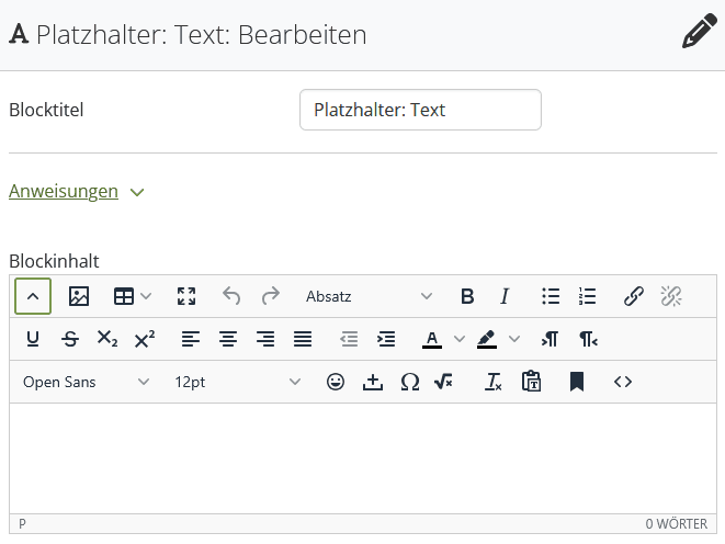 Screenshot des Mahara-Fensters, bei Erstellen eines neuen Textblocks. Untereinander finden sich das Textfeld "Blocktitel", ein Textfeld mit Texteditor-Funktionen "Blockinhalt", ein Textfeld "Tags" und das Dropdownmenü "Einklappen", dass Standardmäßig auf "Nein" steht, sowie die Buttons "Speichern" und "Entfernen".