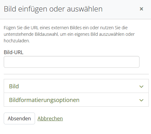 Screenshot des Fensters "Bild einfügen oder auswählen". Der erste Eingabefeld ist "Bild-URL".