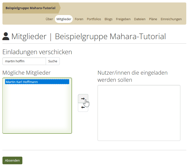 Screenshot der Ansicht "mehrere Einladungen auf einmal versenden" der Ansicht "Mitglieder" einer Gruppe. Unter der Überschrift findet sich ein Eingabefeld mit den Button "Suche" darunter zwei Felder in denen Mitgliedernamen aufgelistet werden die angeklickt werden können. Links "Mögliche Mitglieder" und rechts "Nutzer/innen die eingeladen werden sollen". Dazwischen zwei Buttons, der obere ein Pfeilsymbol nach rechts, der untere ein Pfeilsymbol nach links. Unterhalb ein Button "Absenden".