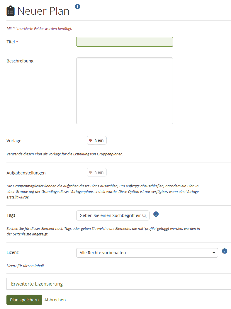 Screenshot der Mahara-Seite "Neuer Plan" mit den Eingabefeldern "Titel" und "Beschreibung", den Ja/Nein-Buttons "Vorlage" und "Aufgabenstellung", dem Eingabefeld "Tags" und dem Dropdown-Menü "Lizenz". Unter dem Eingeklappten Bereiche "Erweiterte Lizensierung" die Buttons "Plan speichern" und "Abbrechen".