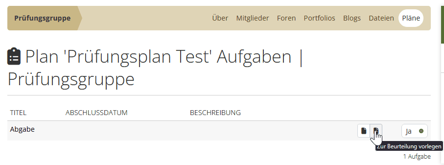 Screenshot der Seite Pläne einer Gruppe als Teilnehmende. In der Aufgabenliste ist der rechteste Button mit "Ja" markiert. Dadurch erscheint links davon der Button "Zur Beurteilung vorlegen"..