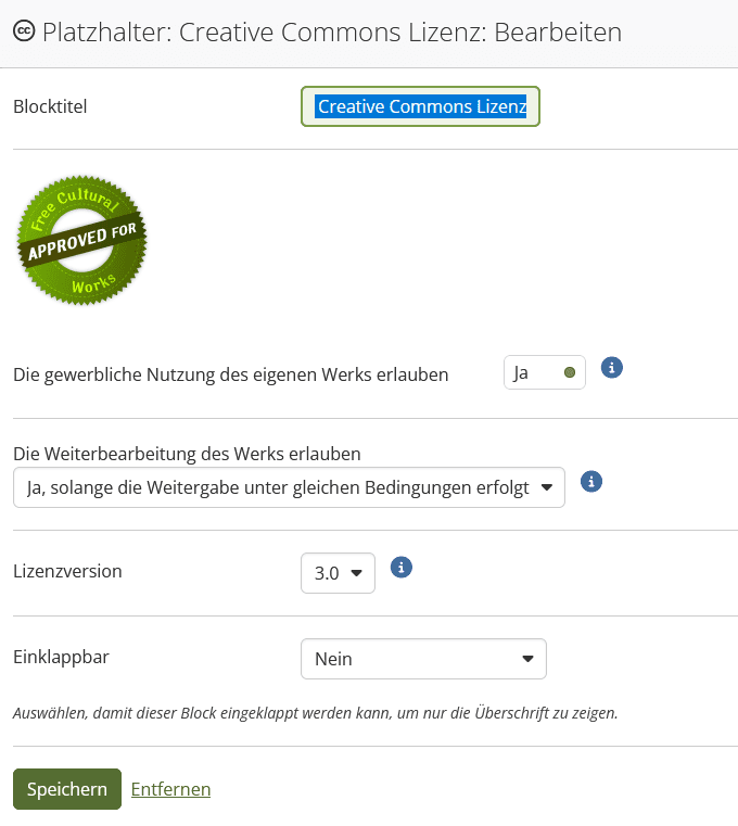 Screenshot des Fensters zu Hinzufügen einer Creative Commons Lizenz mit Eingabe- und Auswahlfeldern zu "Blocktitel" "Die gewerbliche Nutzung erlauben", "Die Weiterbearbeitung des Werks erlauben", "Lizenzversion" und "Einklappbar", sowie dem Button "Speichern".