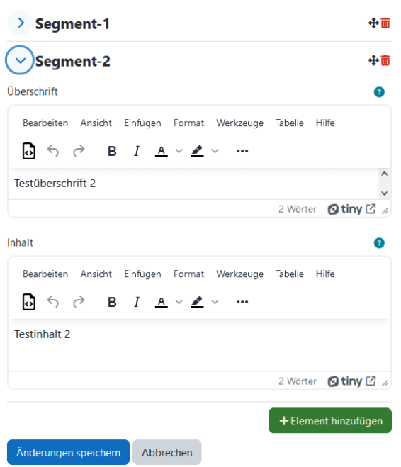 Screenshot des Fensters Inhalt ändern. Im oberen Dropdownmenü; ist Akkordeon ausgewählt. Im unteren Bereich über Änderungen speichern befindet sich der Button Element hinzufügen. Darüber befindet sich der Abschnitt Segment-1 der durch Erstellen einen Elements erstellt wurde. im Rechten bereich neben der Überschrift Segment-1 befinden sich Icon-Buttons zum verschieben und Löschen. Der Pfeil links von Segment-1 ist mit (3) markiert. Durch Klick auf den Pfel wurden darunter die Textfelder Überschrift (4) und Inhalt (5) geöffnet.