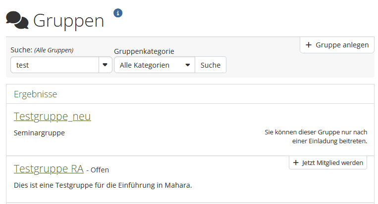 Screenshot des gleichen Bereiches wie zuvor. Im Feld Suche ist nun "Test" eingegeben. Es wurde "Alle Gruppen" eingestellt. Darunter folgen in der Liste zwei Gruppen "Testgruppe_neu" und "Testgruppe RA", dazu jeweils die Gruppenbeschreibung. Die Gruppen können durch Klick auf den Namen geöffnet werden. Bei der Zweiten Gruppe erscheint zusätzlich der Button "Jetzt Mitglied werden", d.h. die Gruppen ist offen.