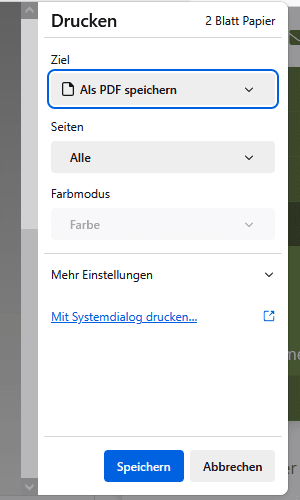 Screenshot des Drucken-Fensters im Chrome-Browser, als Ziel-Drucker ist "Als PDF speichern" gewählt.
